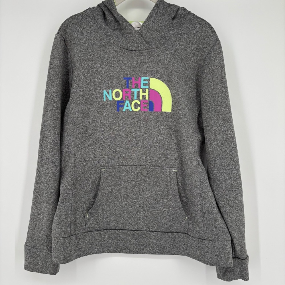 The North Face Heather Gray Hoodie Sz L‎ Pastel Neon Logo Pullover Green Purple